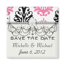 white pink and black chic damask magnets