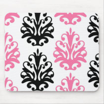white pink and black chic damask mousemats