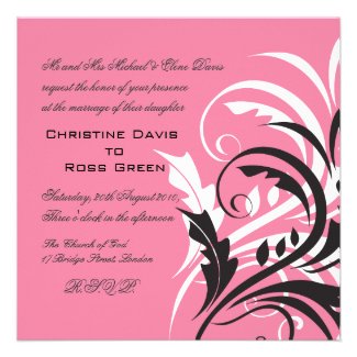 White, pink, black, wedding invitation