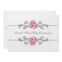 White Pink Rose Girls First Communion Invites