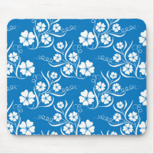 White Plumeria on Blue Pattern Mouse Pad