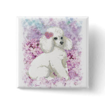 White Poodle in the Lilacs Button Pin