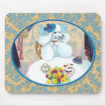 White Poodle Tea Party on Damask Mousepad