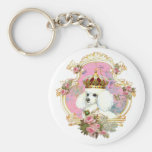white poodle wi pink roses gold fr fini clr bkgrnd key chains