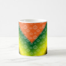 White pumpkin pattern on orange black yellow green coffee mug