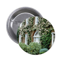 white Queen Anne House With Climbing Rose Cecile B Pinback Button