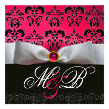 WHITE RIBBON PINK RED RUBY BLACK  DAMASK MONOGRAM ANNOUNCEMENTS