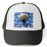 White rose, blue back, Rose written in white Mesh Hats