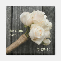 White Rose Bouquet and Barnwood Save The Date Fridge Magnets
