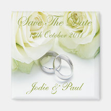White Roses & Wedding Rings - Save The Date Refrigerator Magnet