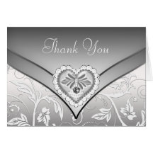 White Silver Diamond Heart Thank You Cards