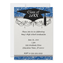white snowflake damask on winter blue  graduation personalised invites