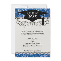 white snowflake damask on winter blue  graduation personalised invites
