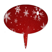 White Snowflakes with Red Background Oval Cake Pick