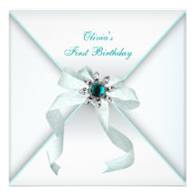 White Teal Blue Girls 1st Birthday Party Custom Invitation
