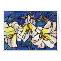 White Tiger Lily Flowers Stained Glass Design Art Greeting Cards