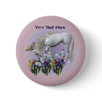 White Unicorn Butterflies Fantasy Button