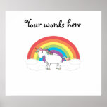 White unicorn on rainbow and clouds poster