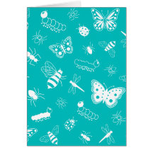 White Vector Bugs & Butterflies (Teal Background) Greeting Cards