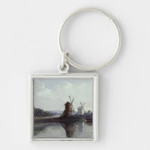 Windmills by a River, 19th century Keychain