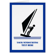 Windsurfer on board black, blue windsurfing custom greeting card