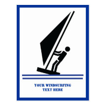 Windsurfer on board black, blue windsurfing custom postcards