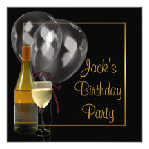Wine Bottle Glass Gold Black Mens Birthday Party Custom Invitations