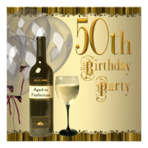 Wine Glass Bottle Gold 50th Birthday Party Invite