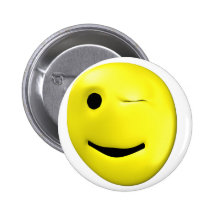 Winking yellow smiley pinback button