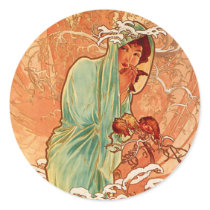 Winter - Alphonse Mucha Art Nouveau Round Stickers