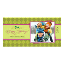 Winter Argyle Happy Holidays Photocard (lime) Customized Photo Card