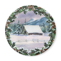 WINTER BARN & WREATH by SHARON SHARPE Refrigerator Magnet