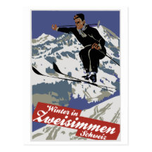 Winter in Zweisimmen vintage ski travel ad Postcard