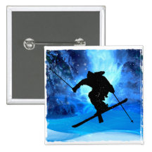 Winter Landscape and Freestyle Skier Pinback Buttons
