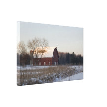Winter Red Barn Wrapped Canvas Print