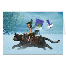 Winter Solstice Woodland Elf On Cat Delivering Sea Card