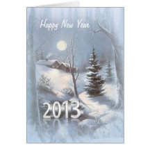 Winter village in snow New Year 2013 Card