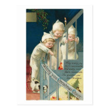 Wishing You Christmas Cheer Kids, Dog on Stairwell Post Cards