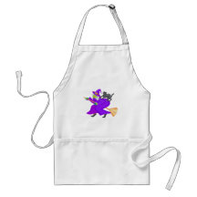 Witch and black cat on broom aprons