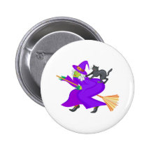 Witch and black cat on broom buttons