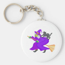 Witch and black cat on broom keychains