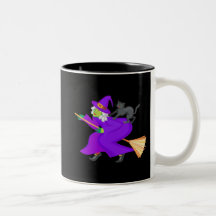Witch and black cat on broom mugs