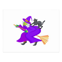 Witch and black cat on broom post card