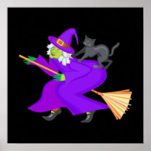 Witch and black cat on broom print