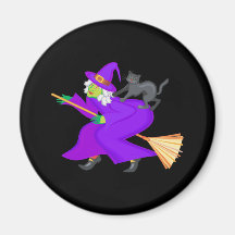 Witch and black cat on broom refrigerator magnet