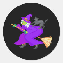 Witch and black cat on broom round stickers