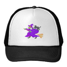 Witch and black cat on broom trucker hats