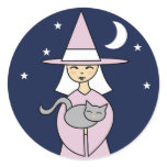 Witch and Cat Round Sticker