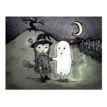 Witch and Ghost in Love Post Cards