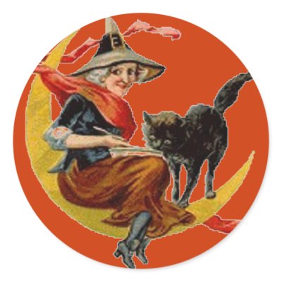 Witch & Black Cat on Moon - Halloween Sticker by dchaddad